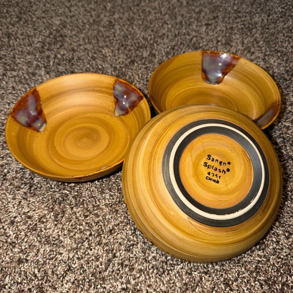 Set of 3 SANGO SPLASH #4951 Coupe Soup Bowls Brown Drip Glaze Stoneware 7 3/4"